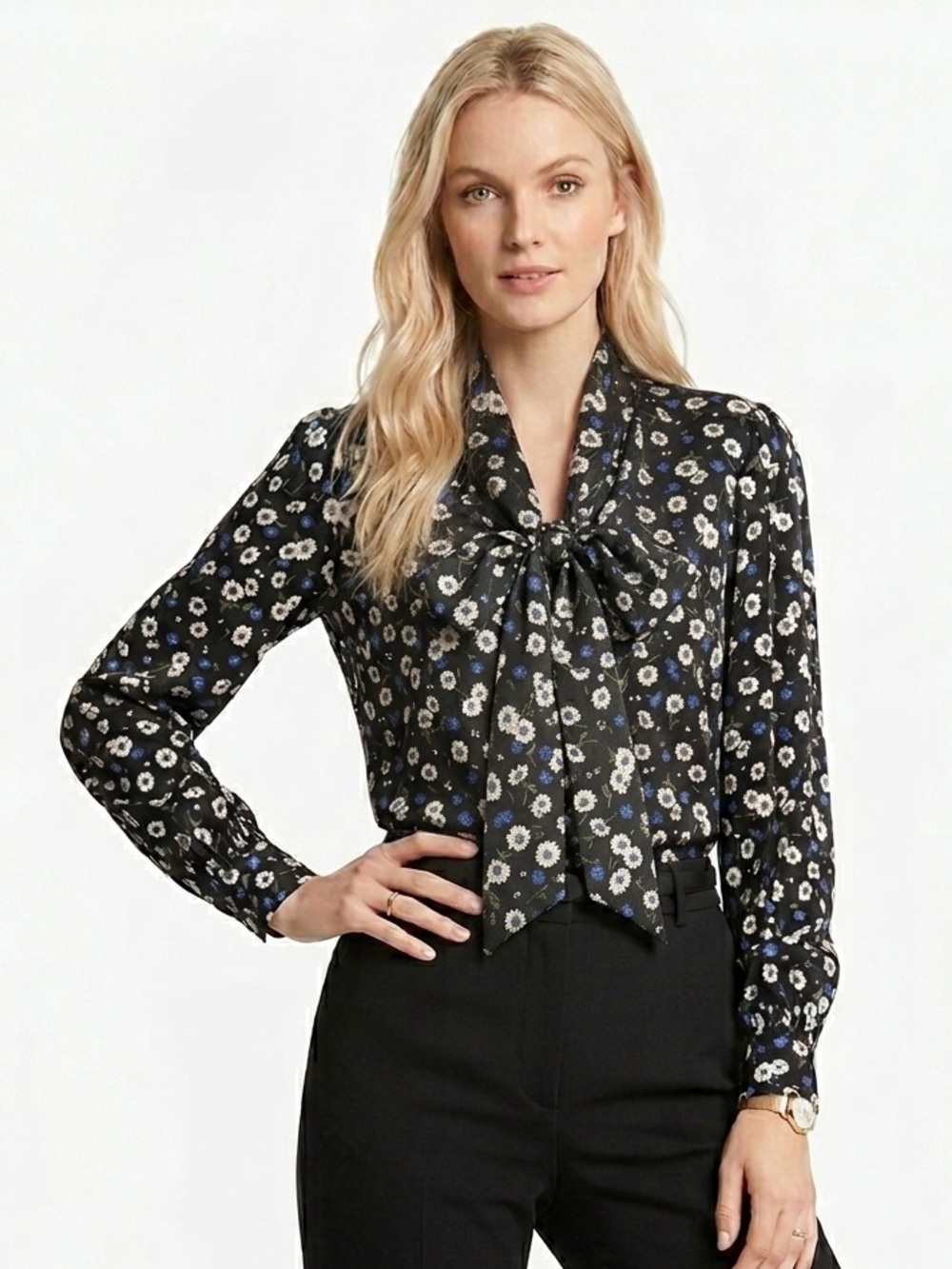 Michael Kors Collection Silk Floral Bow Tie Neck Blouse Black Blue White Size 2